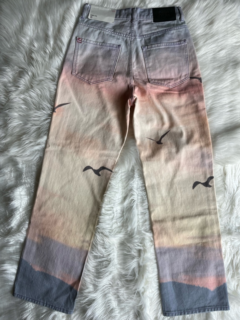 🆕 BDG URBAN OUTFITTERS JEANS 28 COWBOY JEAN SCENIC SUNSET OMBRE PASTELS SEAGULLS - Picture 2 of 12